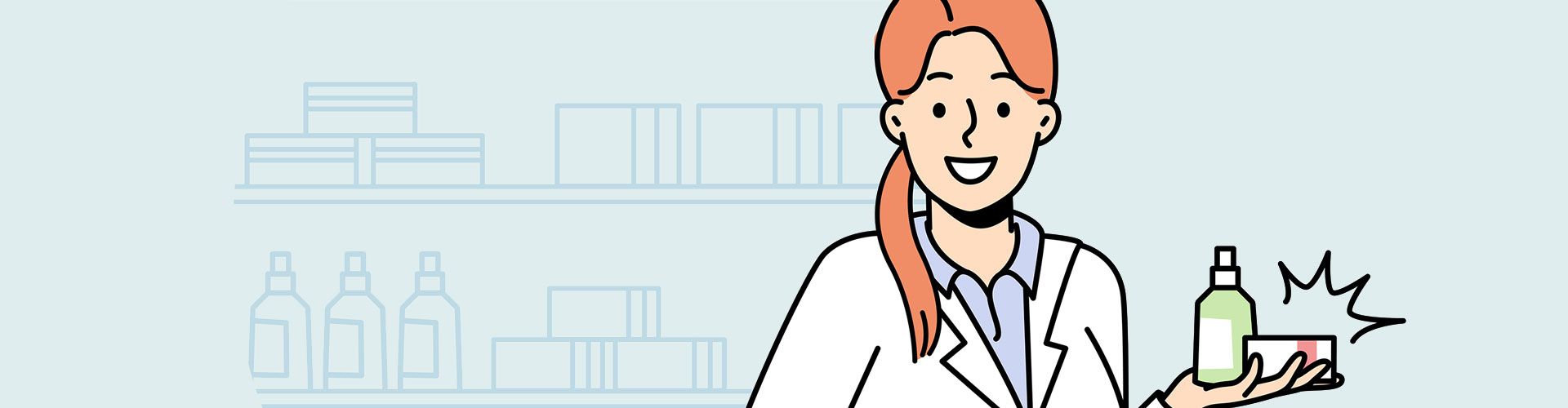Illustration einer Wissenschaftlerin im Laborkittel, die ein grünes Fläschchen präsentiert. 